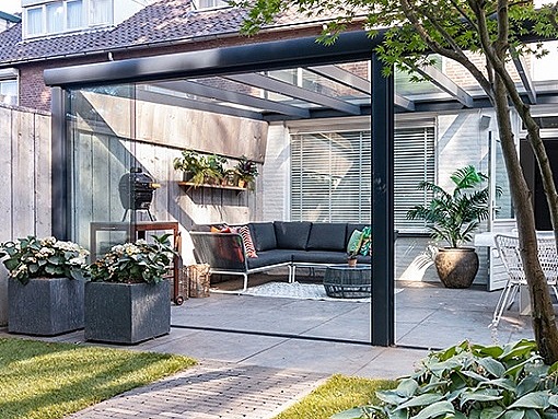 Overkapping terrasoverkapping zonwering buiten Pergola bioclimatique Terrasoverkapping V908 Ledro Antracietstructuur resize