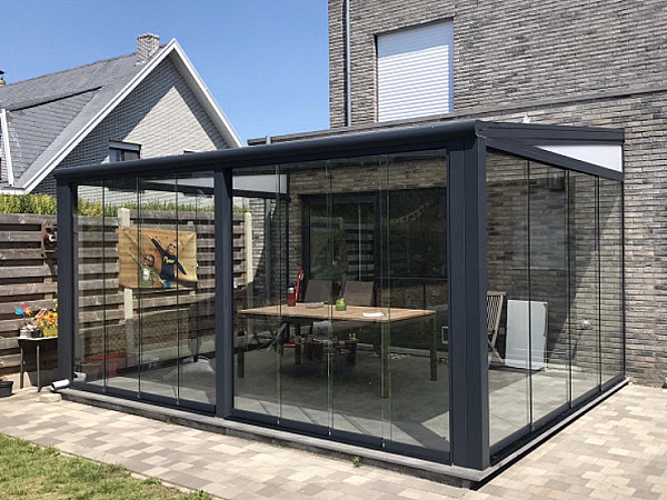metalen overkapping - aangebouwde terrasoverkapping met schuifdeuren